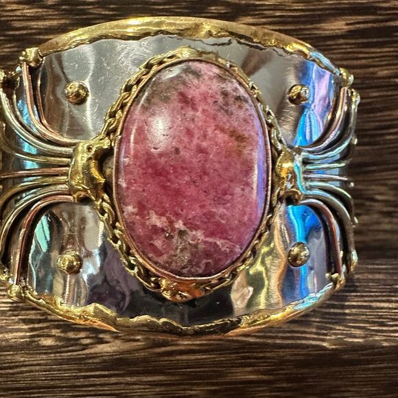 Artisan-Made 2-Inch Adjustable Cuff Bracelet with Rhodonite Pink Gemstone and M - Picture 1 of 11